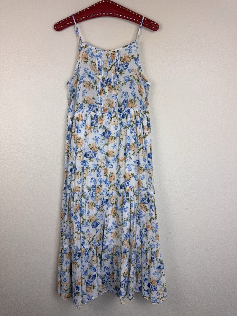 August Sky Cottagecore Prairie Tiered Midi Dress Floral Countryside White Blue M